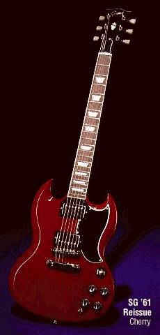 The Gibson SG (Solid Guitar) - This one in stained mahogany cherry red, perl block inlays and Standard Gibson PAF (Patent Applied For) Pick-Ups.